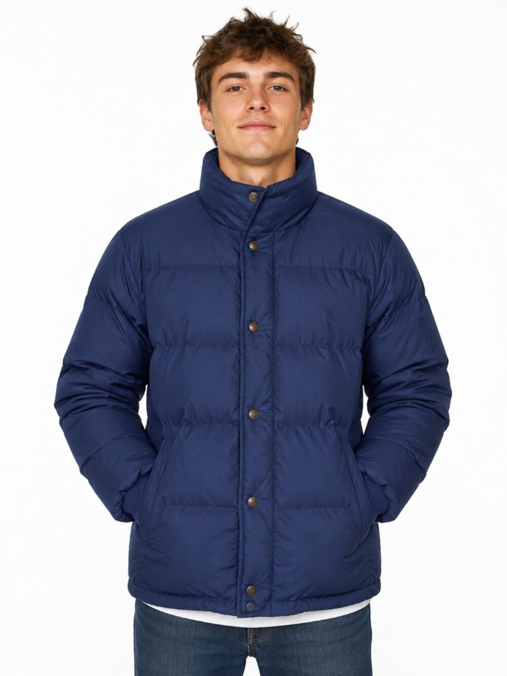 Cabela's Vintage Navy Blue Down Puffer Jacket Men's Large Corduroy Collar